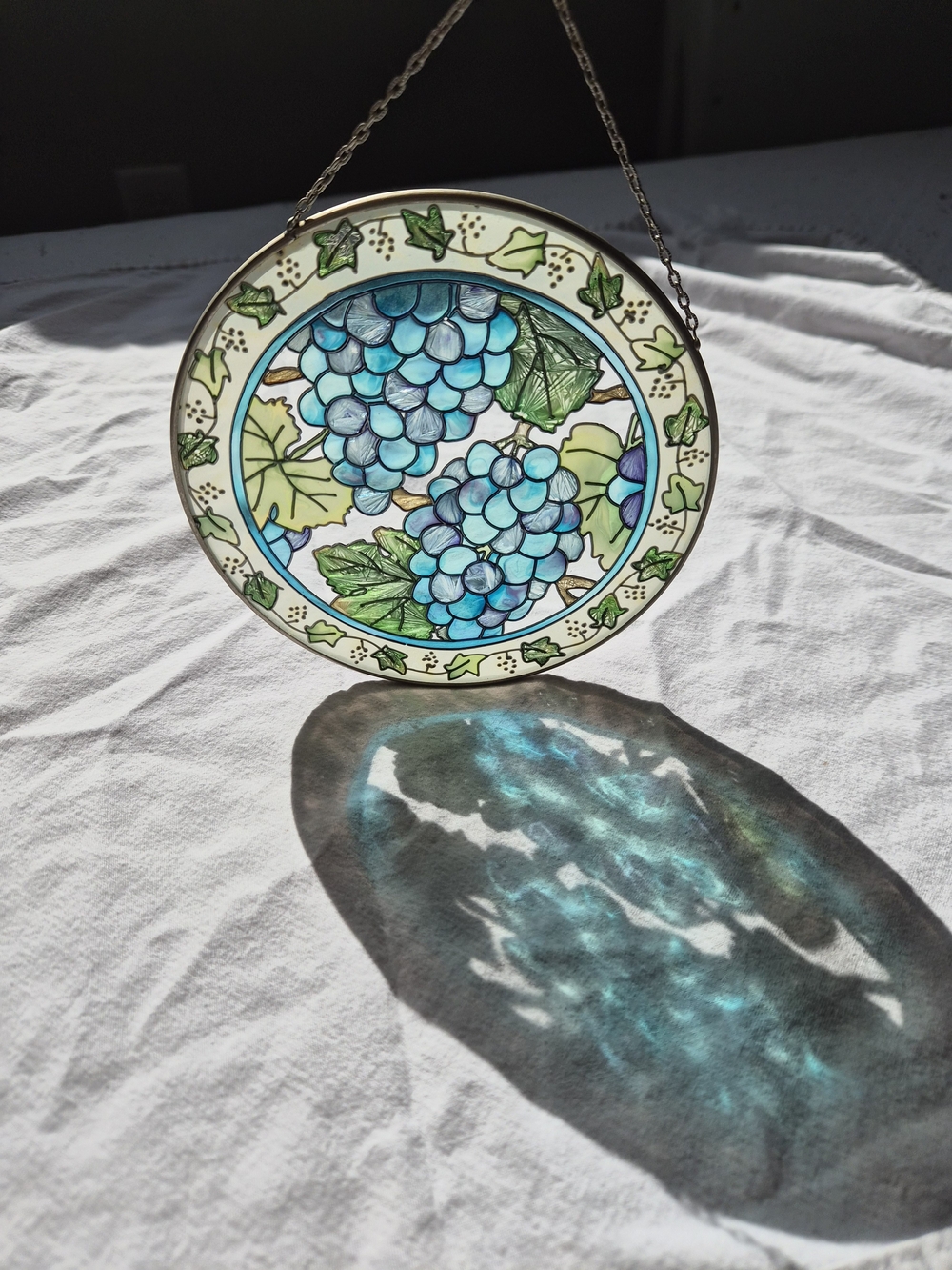 Joan Baker Designs Vineyard Grapes Stained Glass Sun Catcher 6" Teal Blue